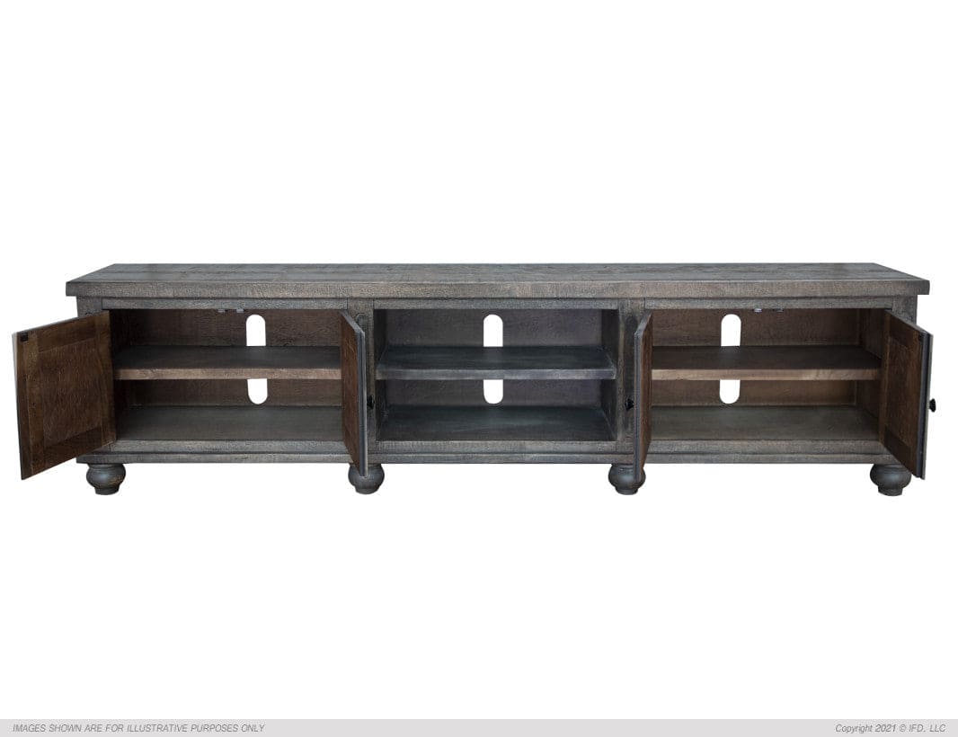 93" TV Stand, 4 Doors & Shelves, Dark Brown finish