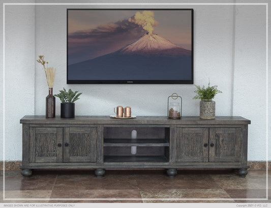 93" TV Stand, 4 Doors & Shelves, Dark Brown finish