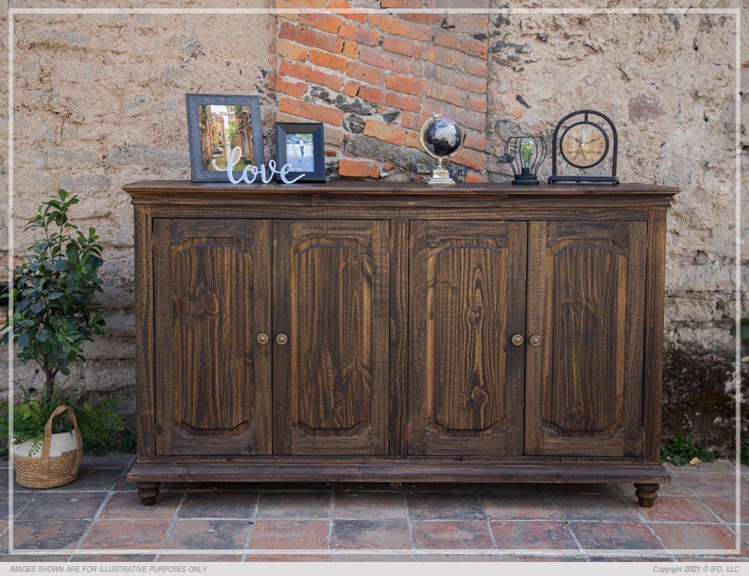 4 Doors Console, Two fixed shelves, Brown finish