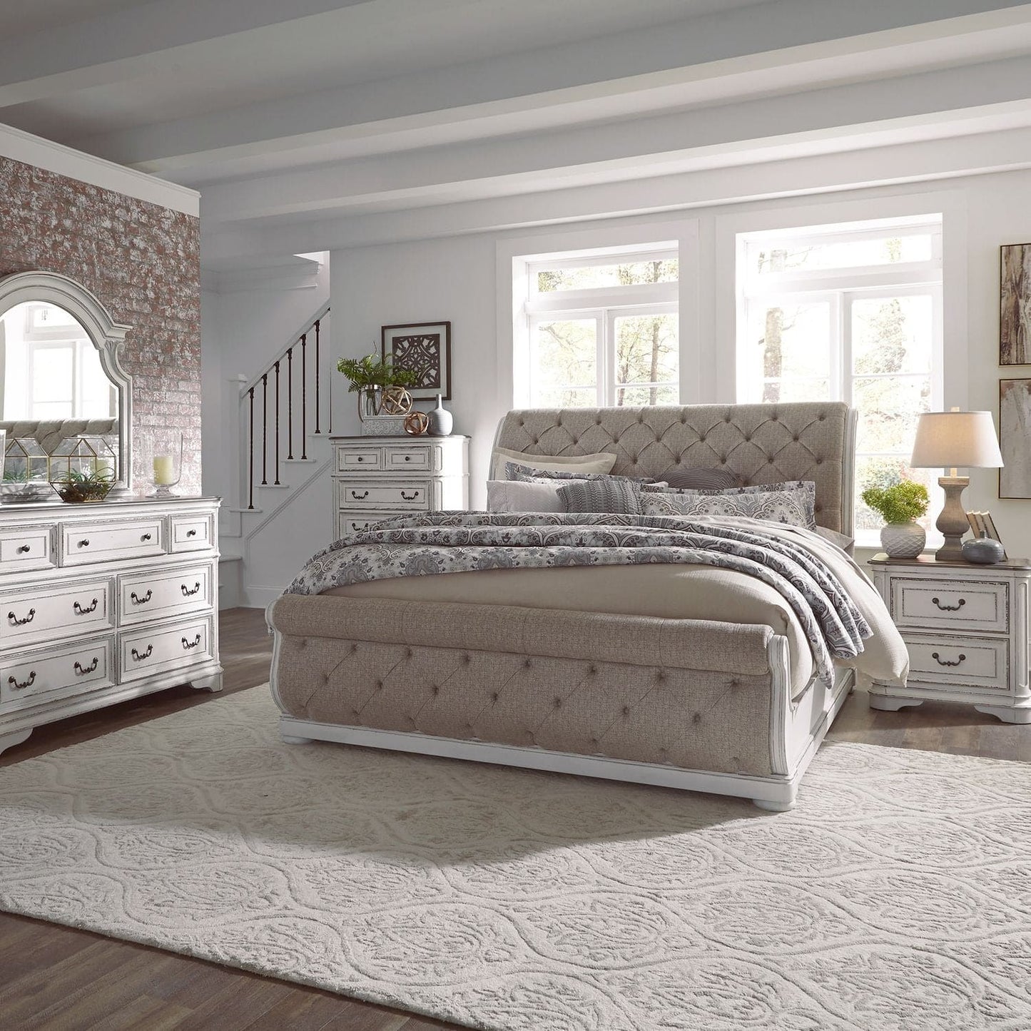 Magnolia Manor - King California Upholstered Sleigh Bed, Dresser & Mirror, Chest, Night Stand