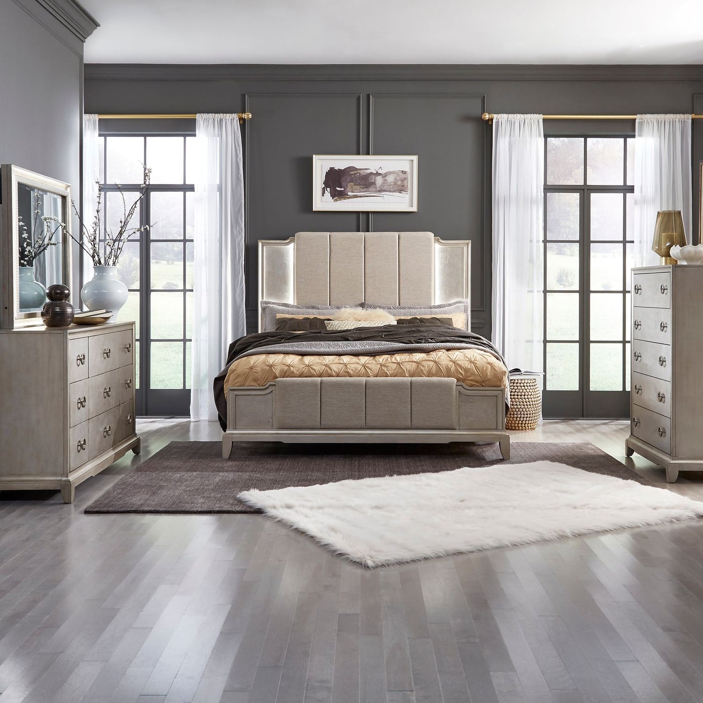 Montage - King California Upholstered Bed, Dresser & Mirror, Chest