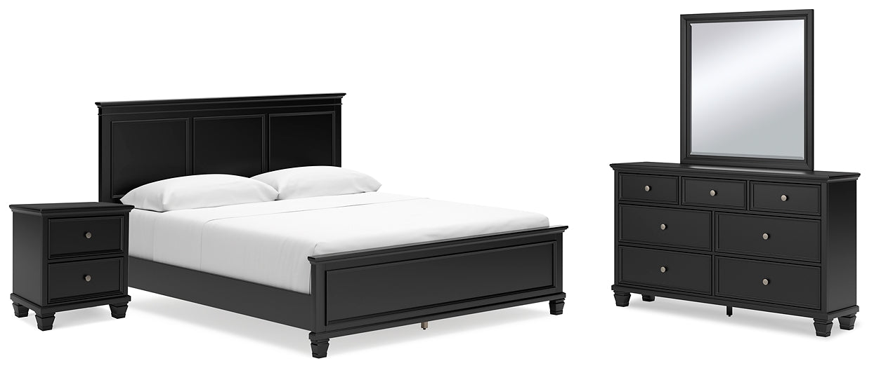 Lanolee California King Panel Bed with Mirrored Dresser and Nightstand