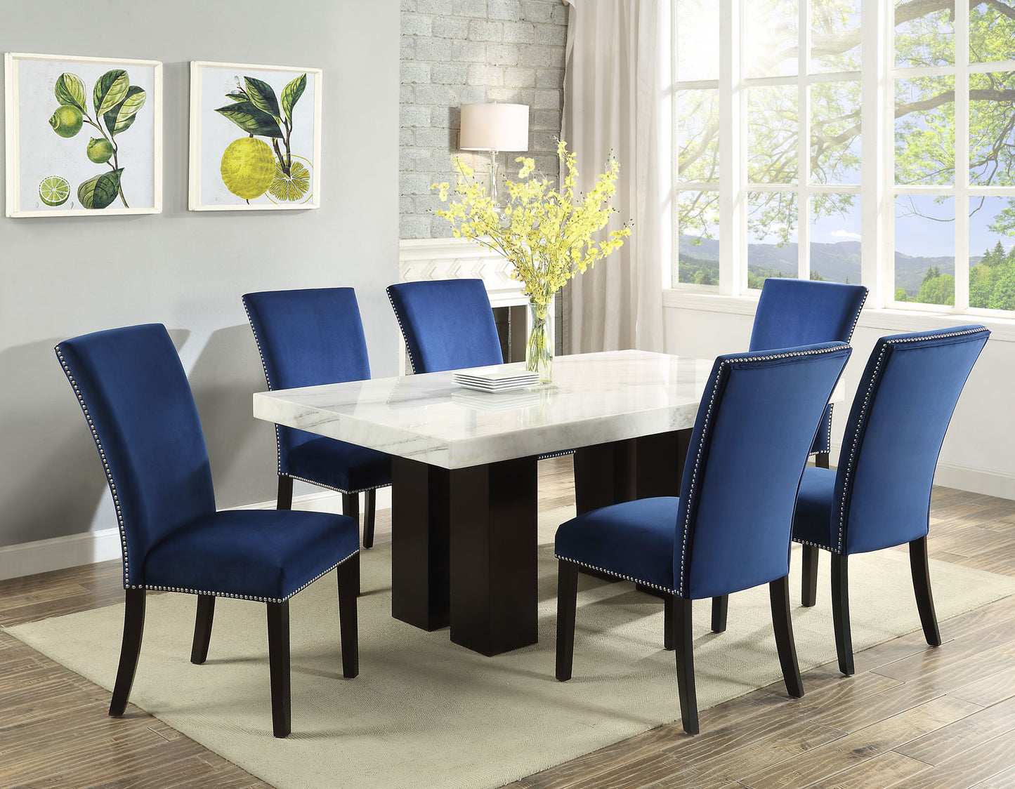 Camila Marble Dining Group
(Table & 4 Blue Velvet Side Chairs)
Black and Silver Side Chairs Can Be Added Optionally