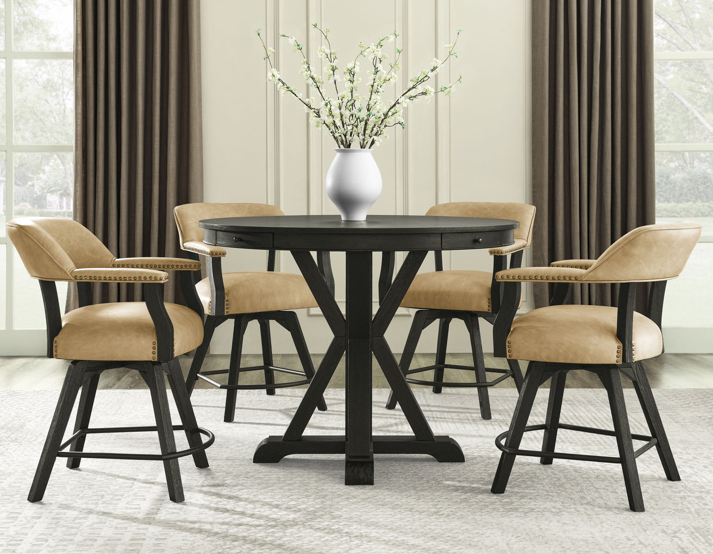 Rylie 48-inch Round Counter Dining Table with 4 Drawers, Black Finish