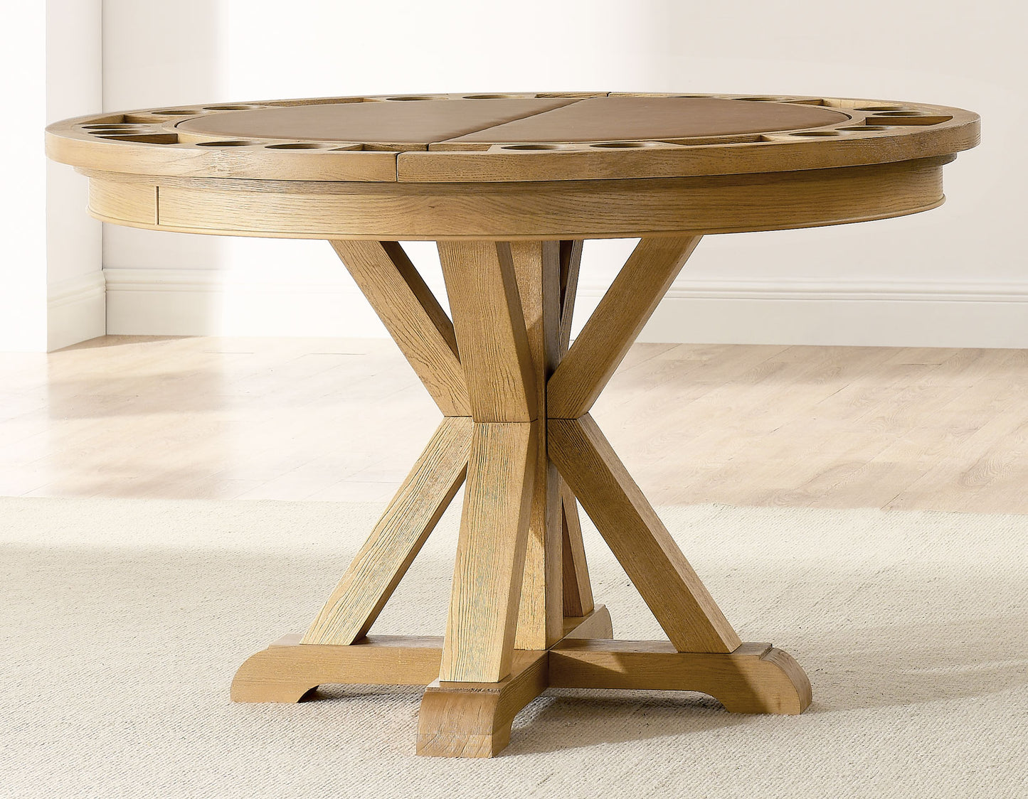 Rylie 48-inch Round Dining Table with Folding Game Top, Natural Finish