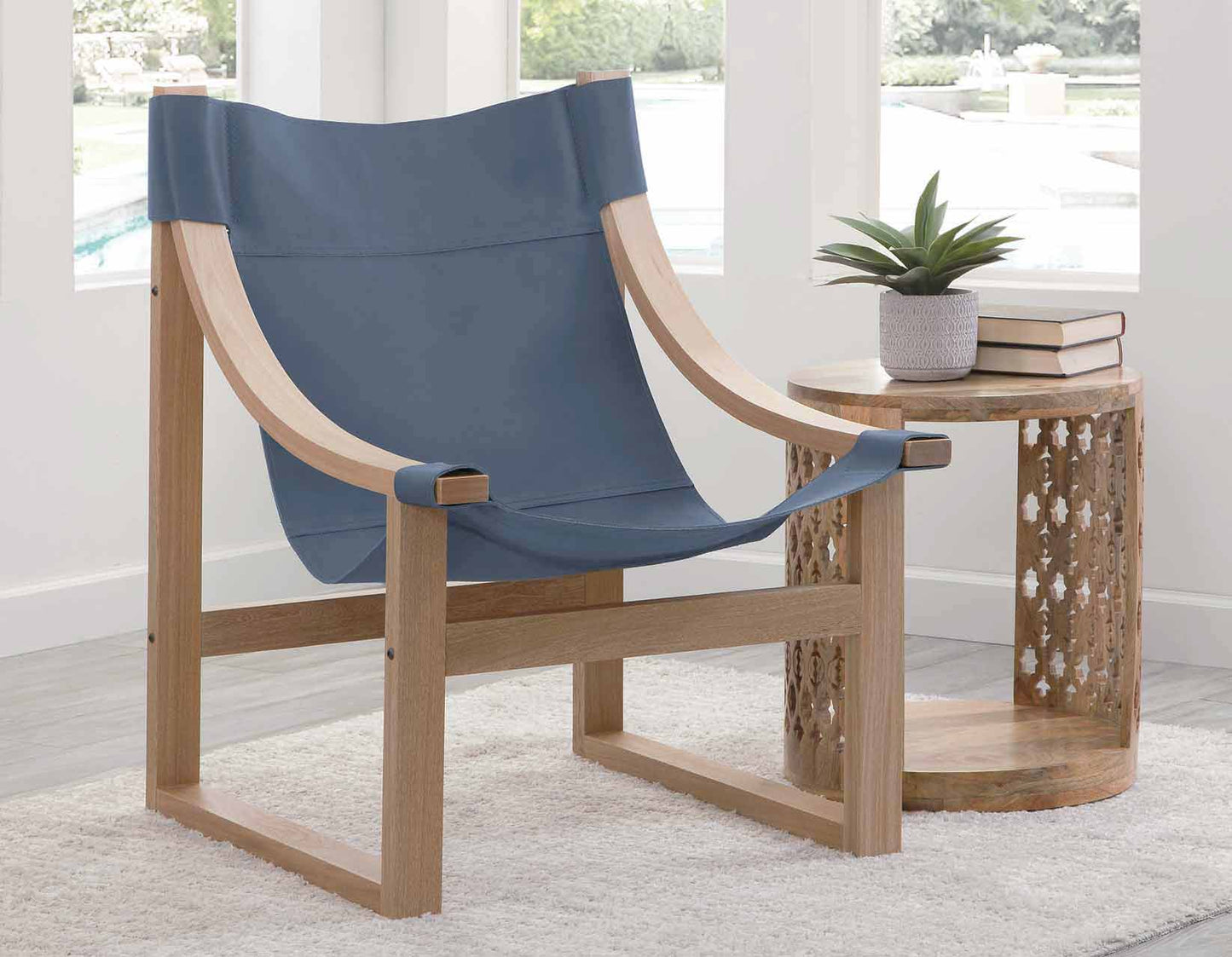 Lima Sling Chair, Cobalt Leather with Natural Frame