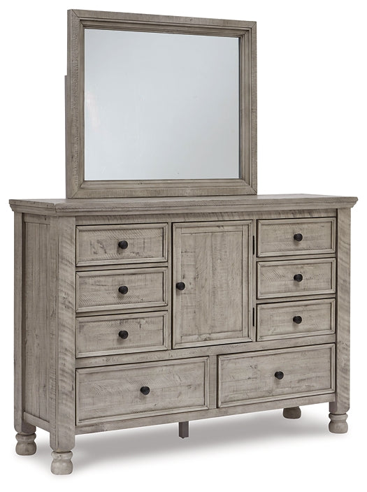 Harrastone Queen Panel Bed with Mirrored Dresser