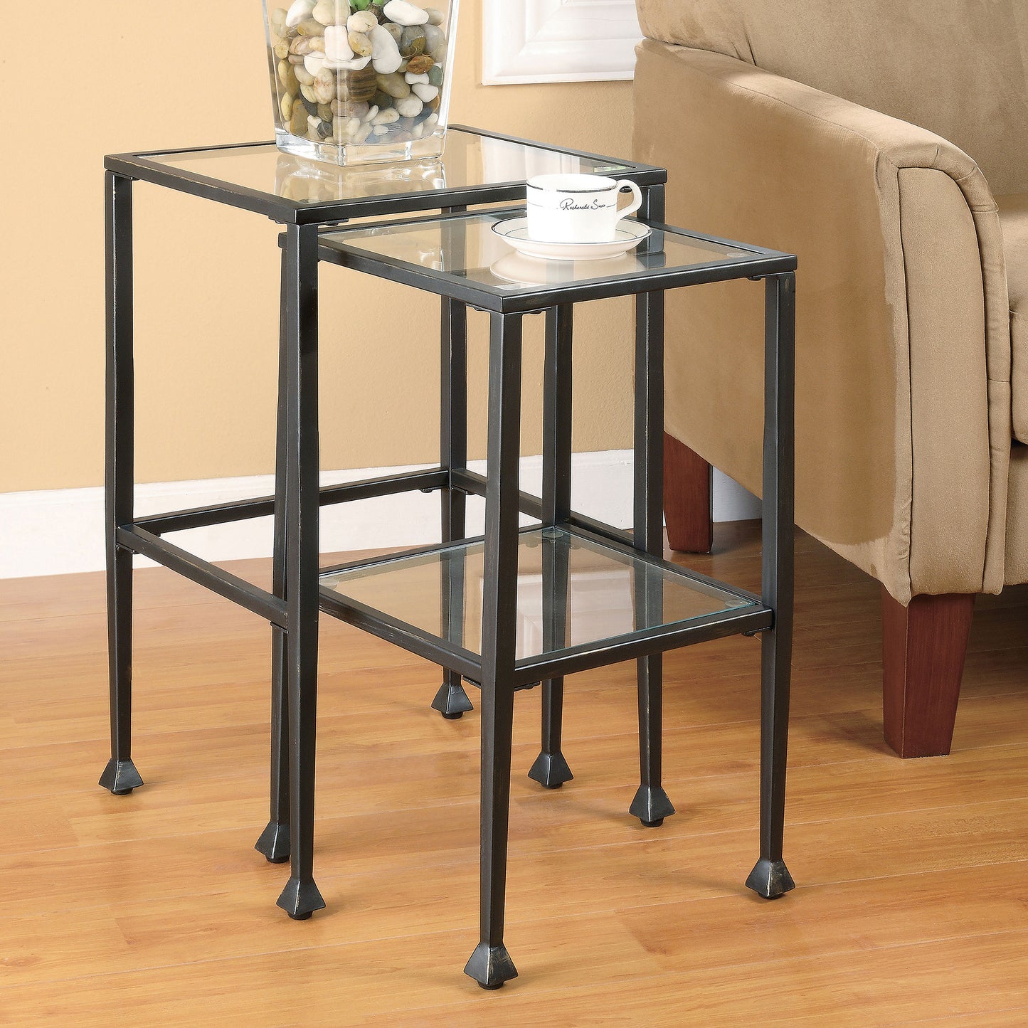 Leilani 2-piece Glass Top Nesting Table Set Black