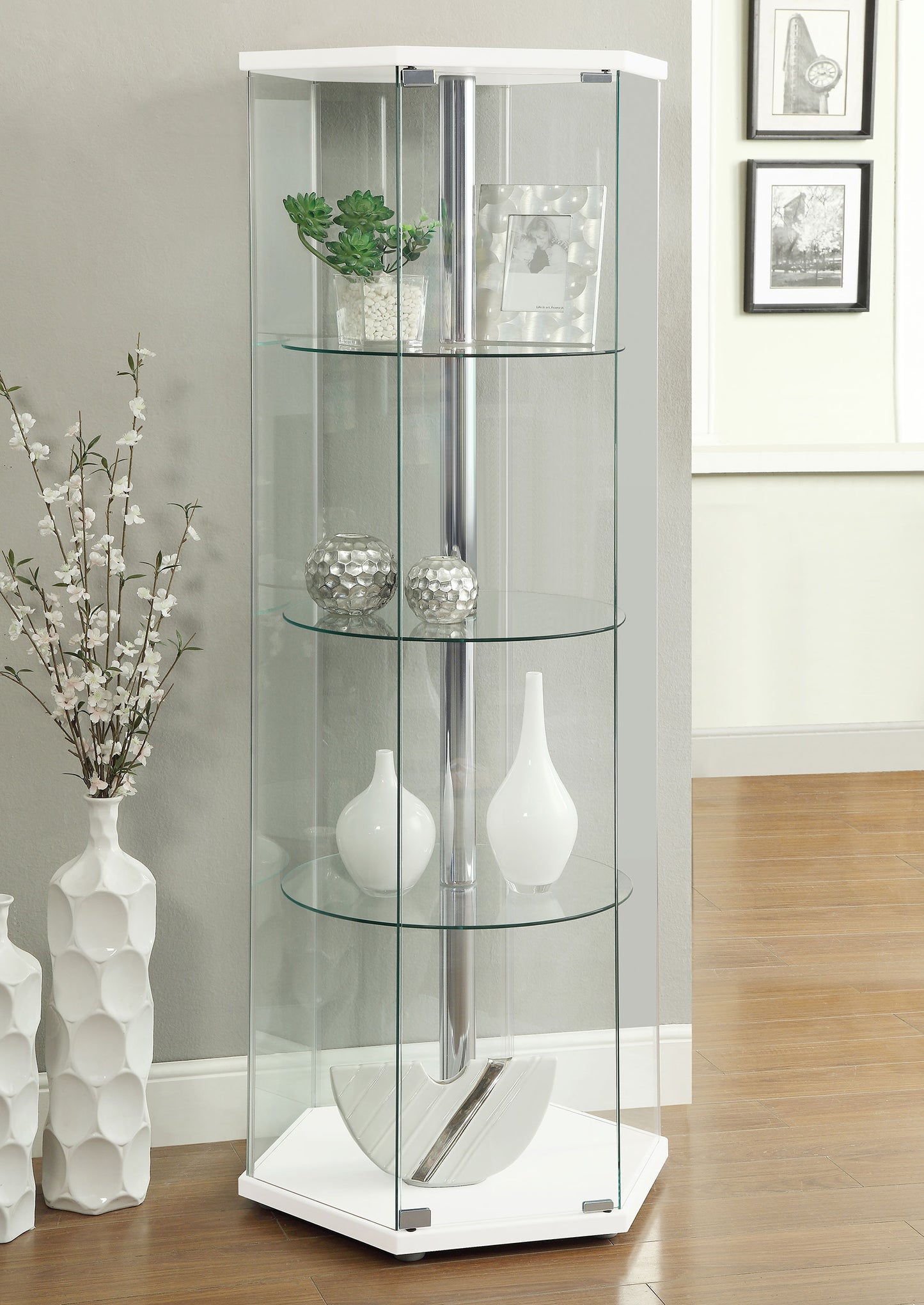 Zahavah 4-shelf Hexagonal Clear Glass Curio Cabinet White