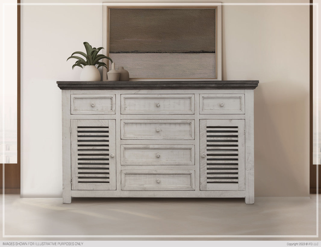 6 Drawer & 2 Doors Console Ivory & Stone Finish